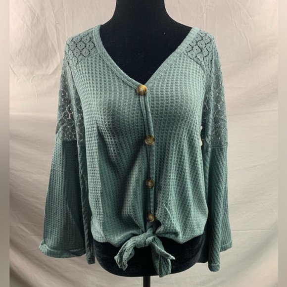 Ribbed Lace Bell Sleeve Tie Front Tee - Picture 1 of 4